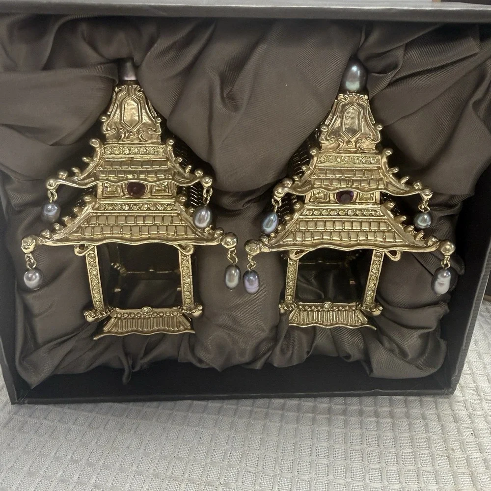 Set 2 L'Objet Pagoda Napkin Jewels Rings Holders 24K Gold Plated Crystals Pearls